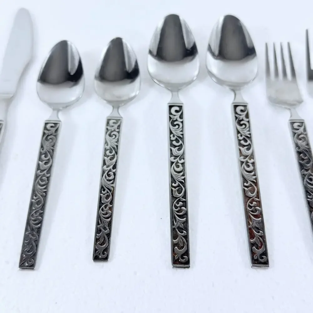 VTG Riviera Rose Stainless Flatware Japan LOT 9 Pc Black Textured Floral MCM